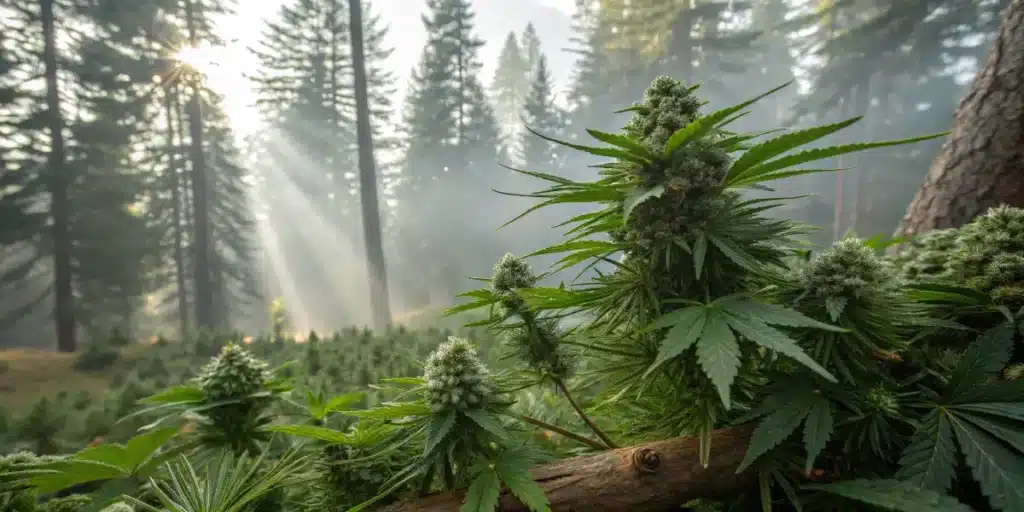 Resinous cannabis buds growing outdoors in a forest landscape illuminated by sunrise rays.