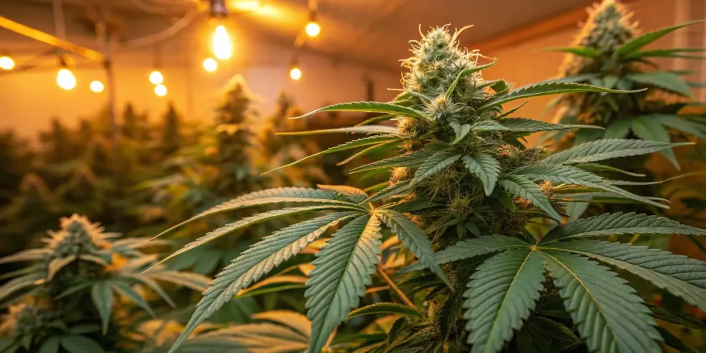 Fresh cannabis buds growing indoors under warm hanging grow lights in a professional cultivation room.