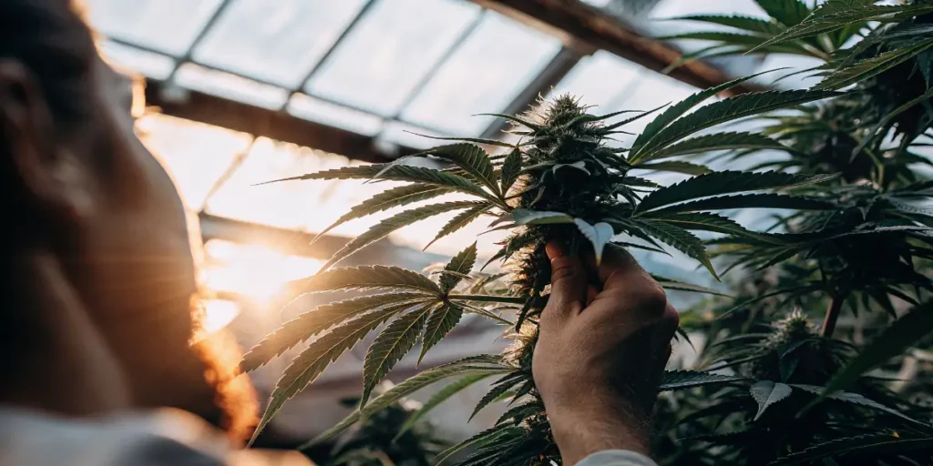 Cannabis grower inspecting mature cannabis buds inside greenhouse at sunset.