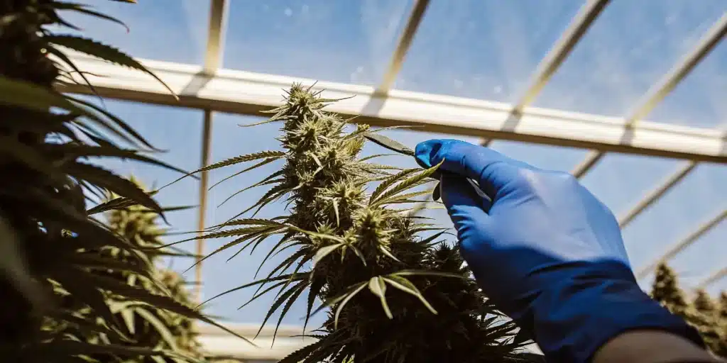 Gloved hand inspecting mature cannabis buds inside greenhouse cultivation facility.