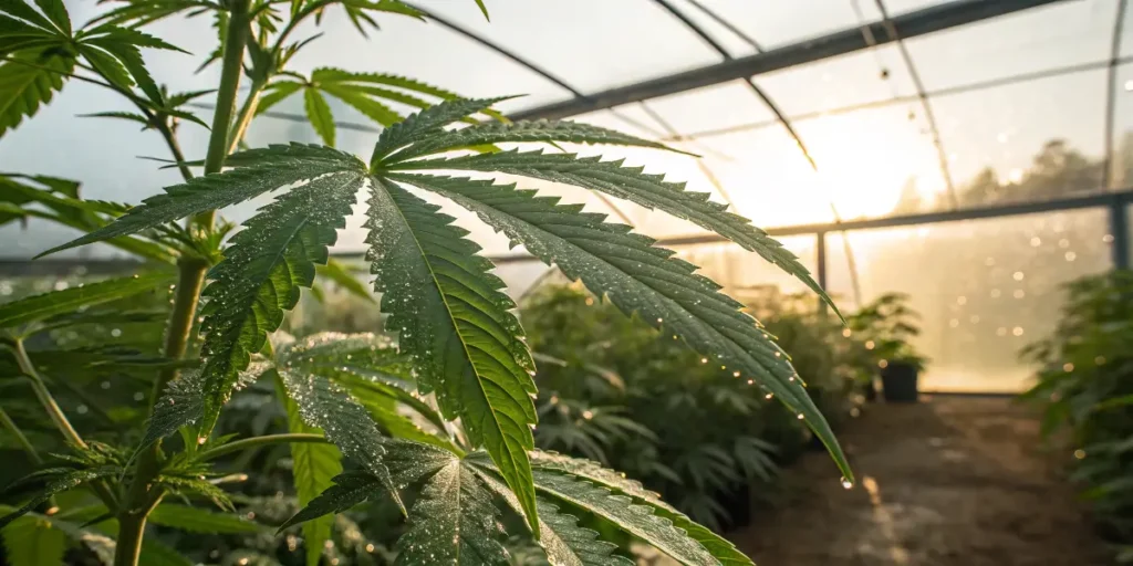 Close-up of a cannabis leaf covered in morning dew inside a sunlit greenhouse.