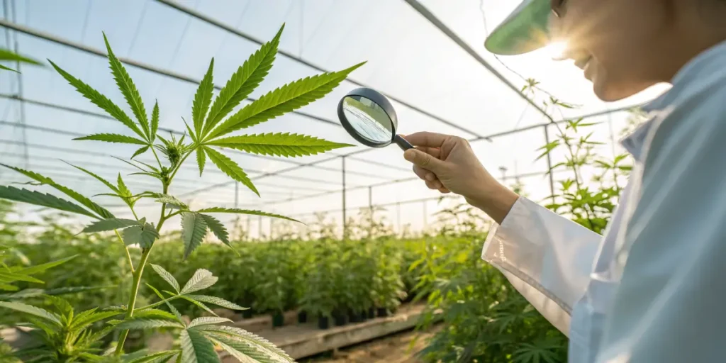 Scientist inspecting cannabis plant with magnifying glass inside greenhouse cultivation facility.