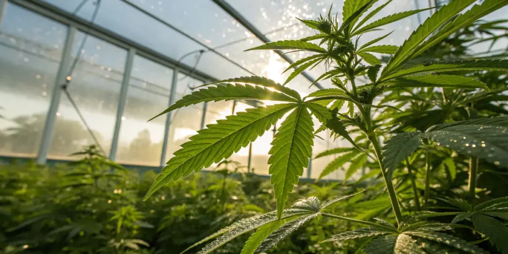 Healthy cannabis plants growing inside greenhouse with sunlight shining through leaves.