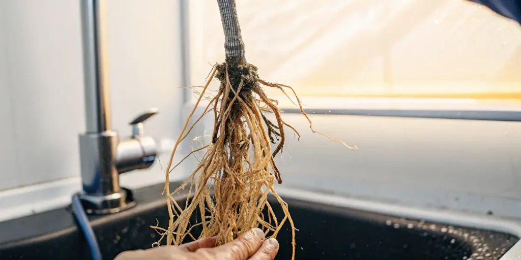 Healthy cannabis roots being inspected and cleaned near sink under natural light.