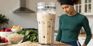 Healthy hemp protein smoothie with spinach, berries, and seeds in a blender cup.