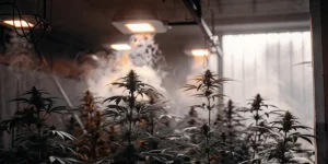Indoor cannabis grow room with flowering marijuana plants, warm lighting, and visible humidity or vapor in the air.