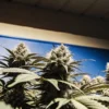 Large indoor cannabis colas flowering under artificial grow lights in a professional cultivation facility.