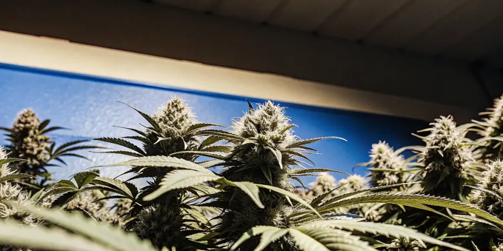 Large indoor cannabis colas flowering under artificial grow lights in a professional cultivation facility.