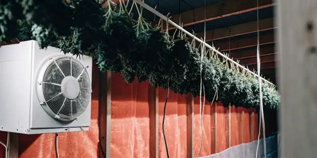 Indoor cannabis curing room with hanging cannabis buds and industrial ventilation fan maintaining optimal drying conditions.