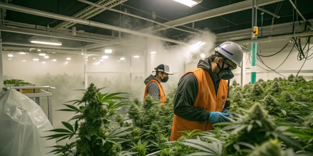 Indoor cannabis cultivation facility with workers inspecting flowering plants and managing VOC emissions in controlled environment.