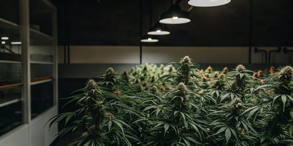 Healthy cannabis plants flowering indoors under overhead grow lights in a cultivation room.