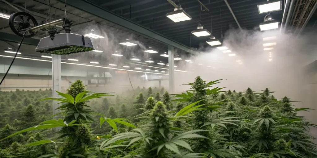 Indoor cannabis grow room with misting system and humidity control maintaining healthy flowering marijuana plants.