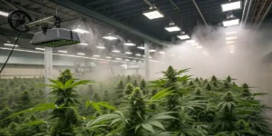 Indoor cannabis grow room with misting system and humidity control maintaining healthy flowering marijuana plants.