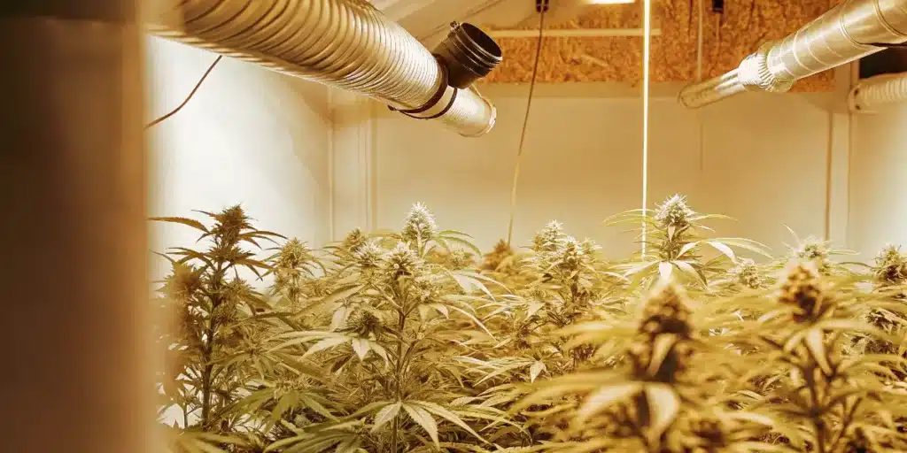 Indoor cannabis grow room with ventilation ducts and flowering marijuana plants under warm artificial lighting.