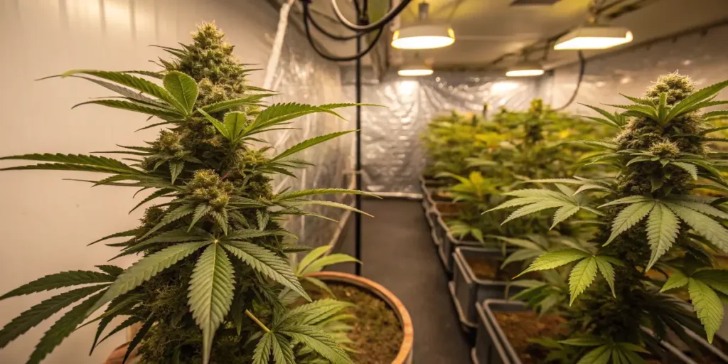 Large flowering cannabis plants growing inside a professional indoor cultivation room.