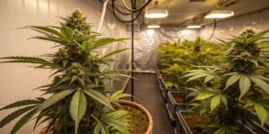 Large flowering cannabis plants growing inside a professional indoor cultivation room.