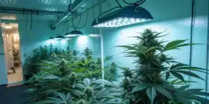 Indoor cannabis grow room with flowering plants under bright LED grow lights.