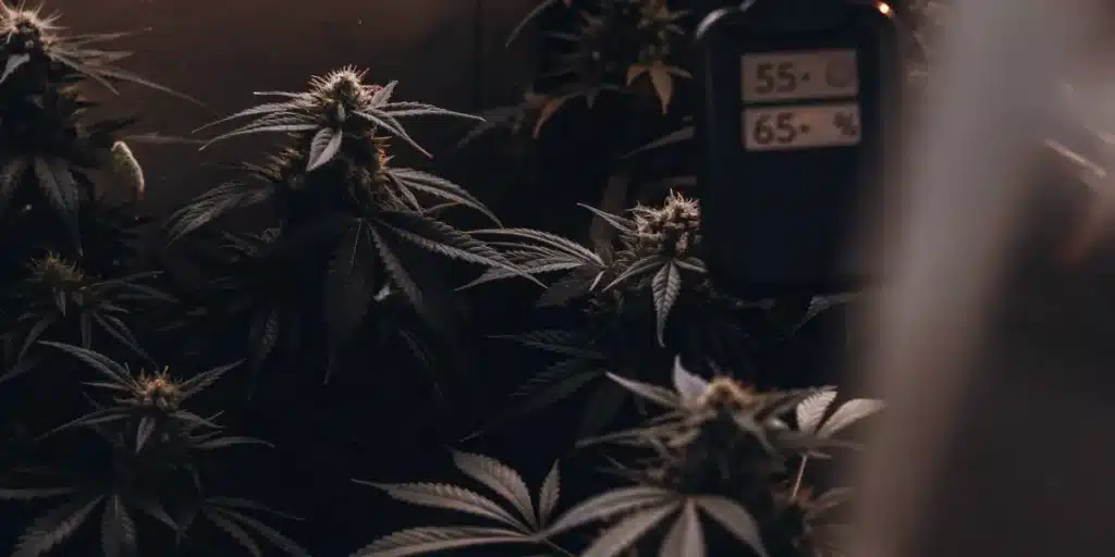 Dark indoor cannabis grow room with flowering plants and a digital humidity monitoring system.