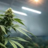 Healthy indoor cannabis plant with dense flowering buds growing under bright LED grow lights.