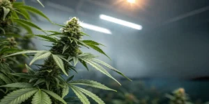 Healthy indoor cannabis plant with dense flowering buds growing under bright LED grow lights.