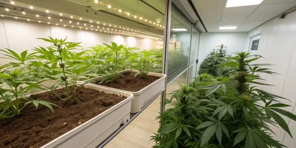 Indoor Cannabis Plants Growing in Soil Beds