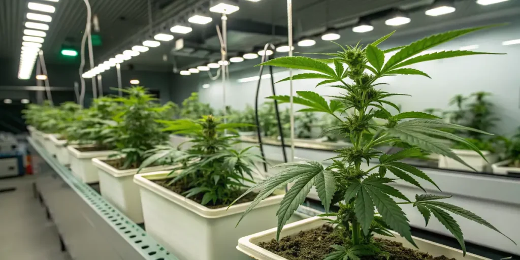 Indoor cannabis plants growing in containers under LED lighting inside a modern cultivation facility.