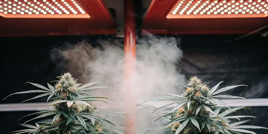 Indoor cannabis plants flowering under red LED grow lights with visible humidity mist in the grow room.