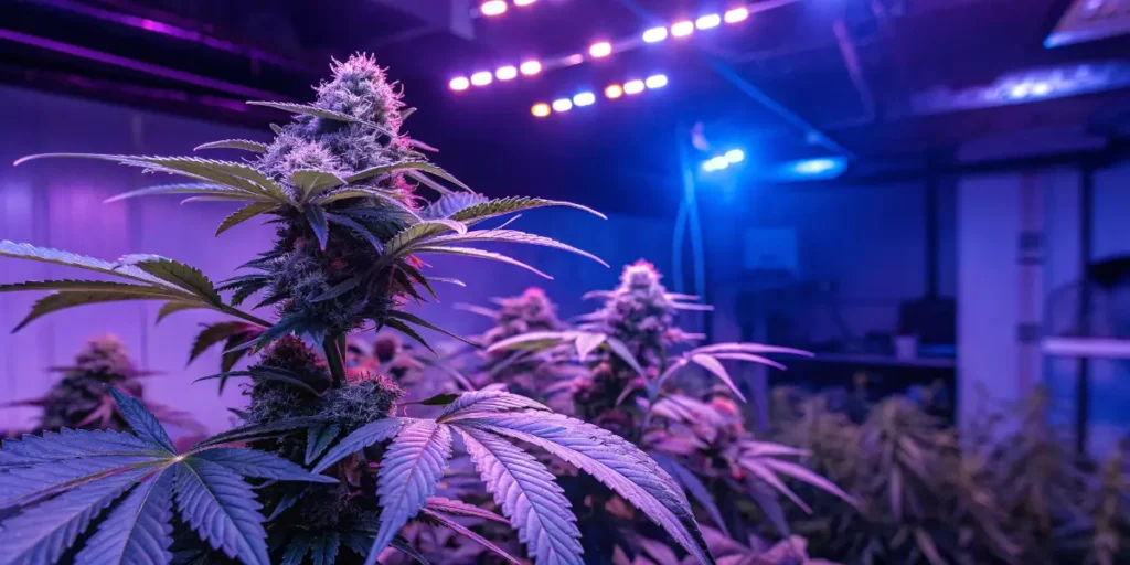 Close-up of indoor cannabis plants flowering beneath purple and blue LED grow lights.