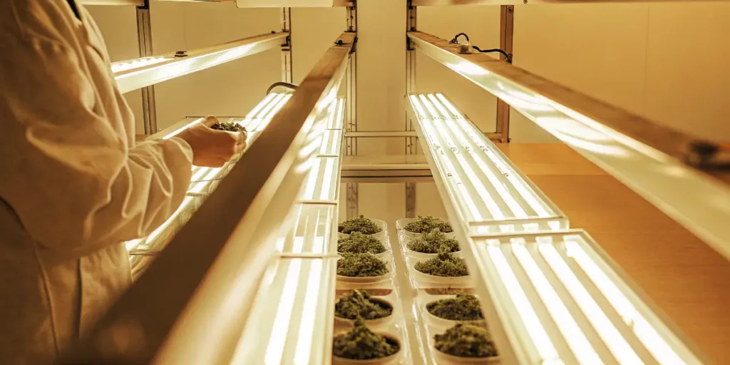 Researcher inspecting cannabis samples under bright laboratory grow lights.