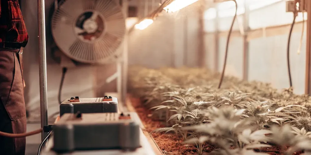 Indoor cannabis grow room with ventilation equipment, climate control devices, and young marijuana plants.
