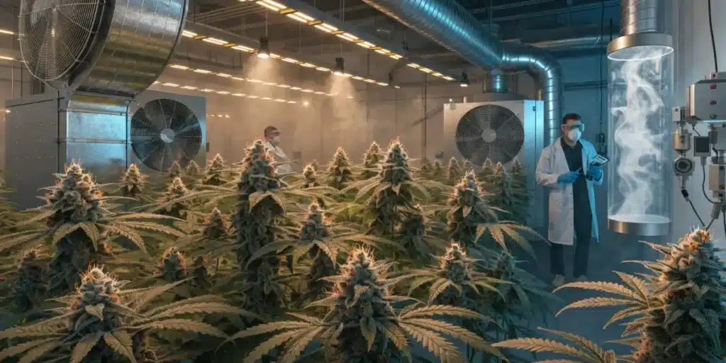 Indoor cannabis cultivation facility with ventilation equipment and VOC control systems maintaining healthy flowering plants.