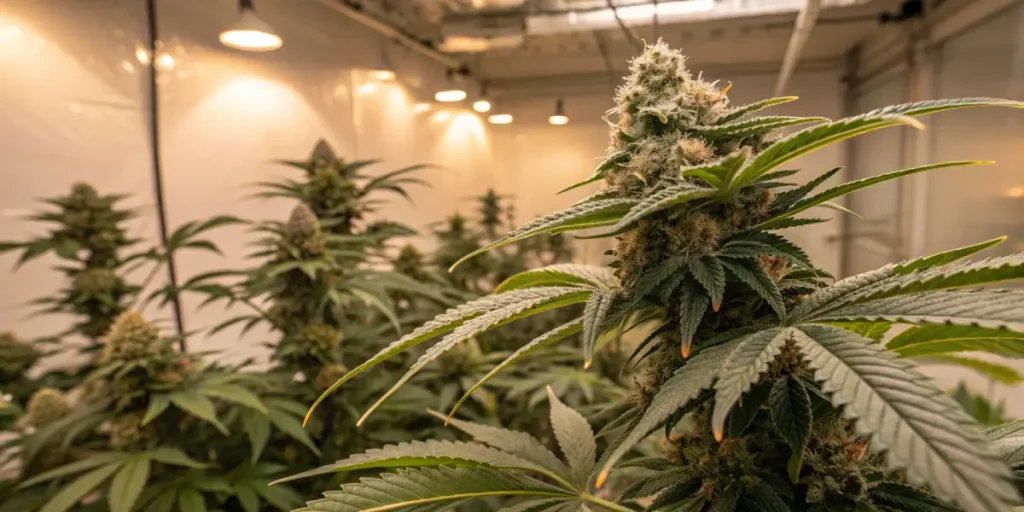 Mature cannabis plants flowering indoors under controlled grow lights in a cultivation room.