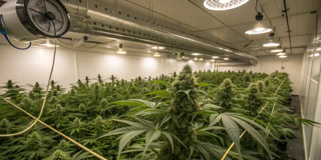 Industrial indoor cannabis cultivation room with airflow ducts and healthy flowering cannabis canopy.