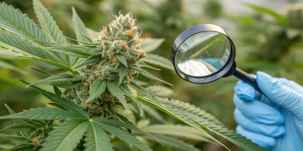 Magnifying glass examining mature cannabis buds before harvest.