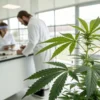 Cannabis plant in laboratory with researchers discussing cultivation and plant analysis.