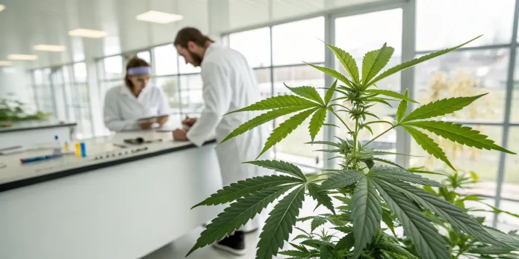 Cannabis plant in laboratory with researchers discussing cultivation and plant analysis.