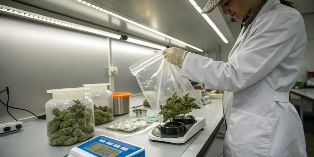Laboratory technician packaging cannabis samples beside digital scale and containers.