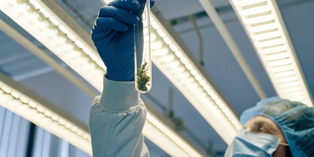 Researcher holding cannabis plant sample in test tube during laboratory analysis.