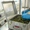 Scientist handling cannabis buds inside secure laboratory storage container.