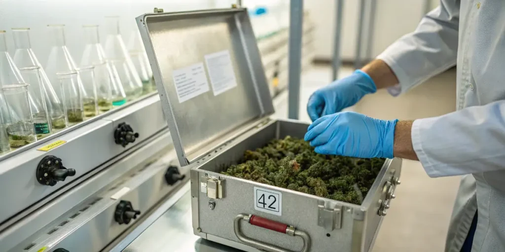 Scientist handling cannabis buds inside secure laboratory storage container.