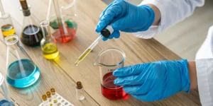 Scientist using a dropper to transfer liquid samples in a chemistry laboratory.