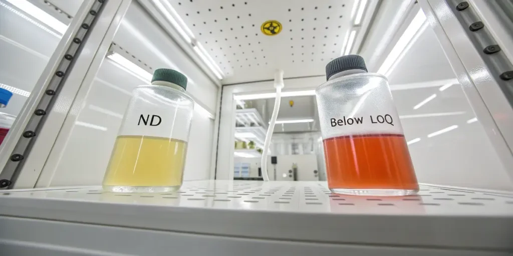 Scientific liquid samples labeled ND and Below LOQ inside laboratory testing chamber.