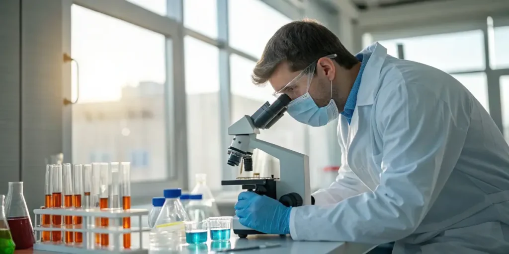 Researcher examining laboratory samples through a microscope beside colorful test tubes.