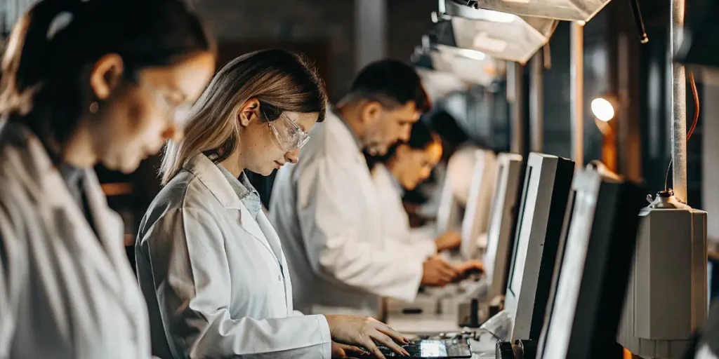 Laboratory technicians performing cannabis sample analysis on computer systems.