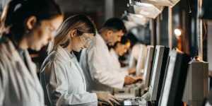 Laboratory technicians performing cannabis sample analysis on computer systems.