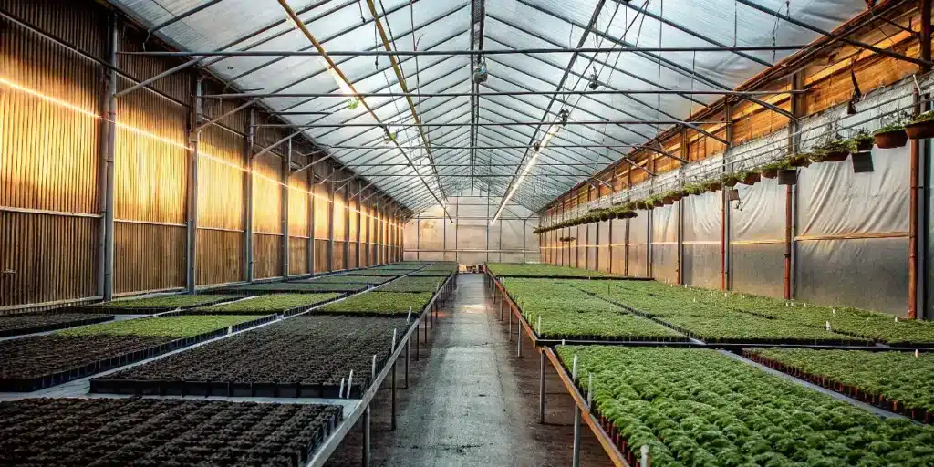 Large indoor cannabis greenhouse with propagation tables and young seedlings.