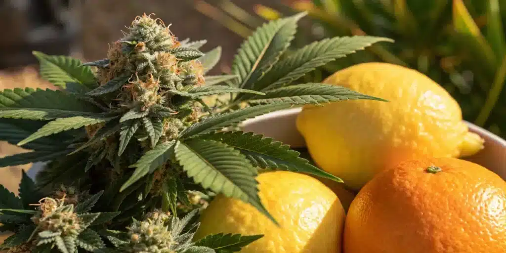 Close-up of a citrus cannabis strain beside lemons and oranges under warm natural light.