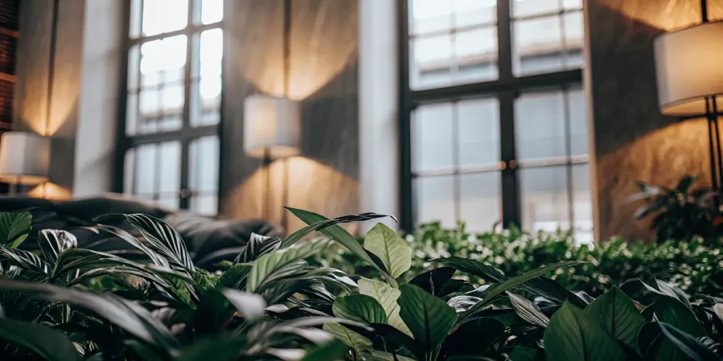 Lush indoor garden with tropical plants inside a modern luxury living space.