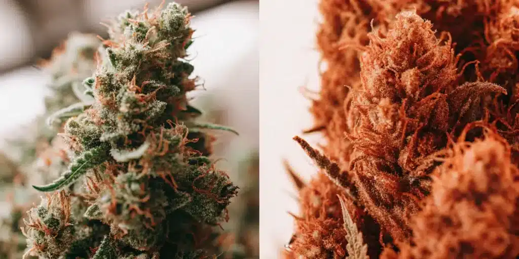 Macro comparison of green and reddish cannabis buds with dense trichomes and orange pistils.