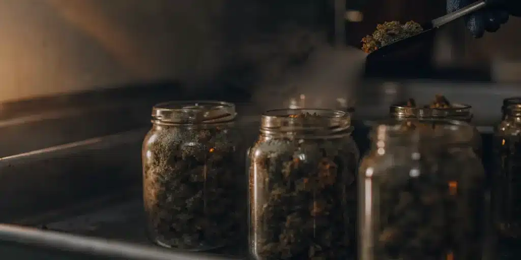Cannabis buds being placed into glass jars during the post-harvest curing process.